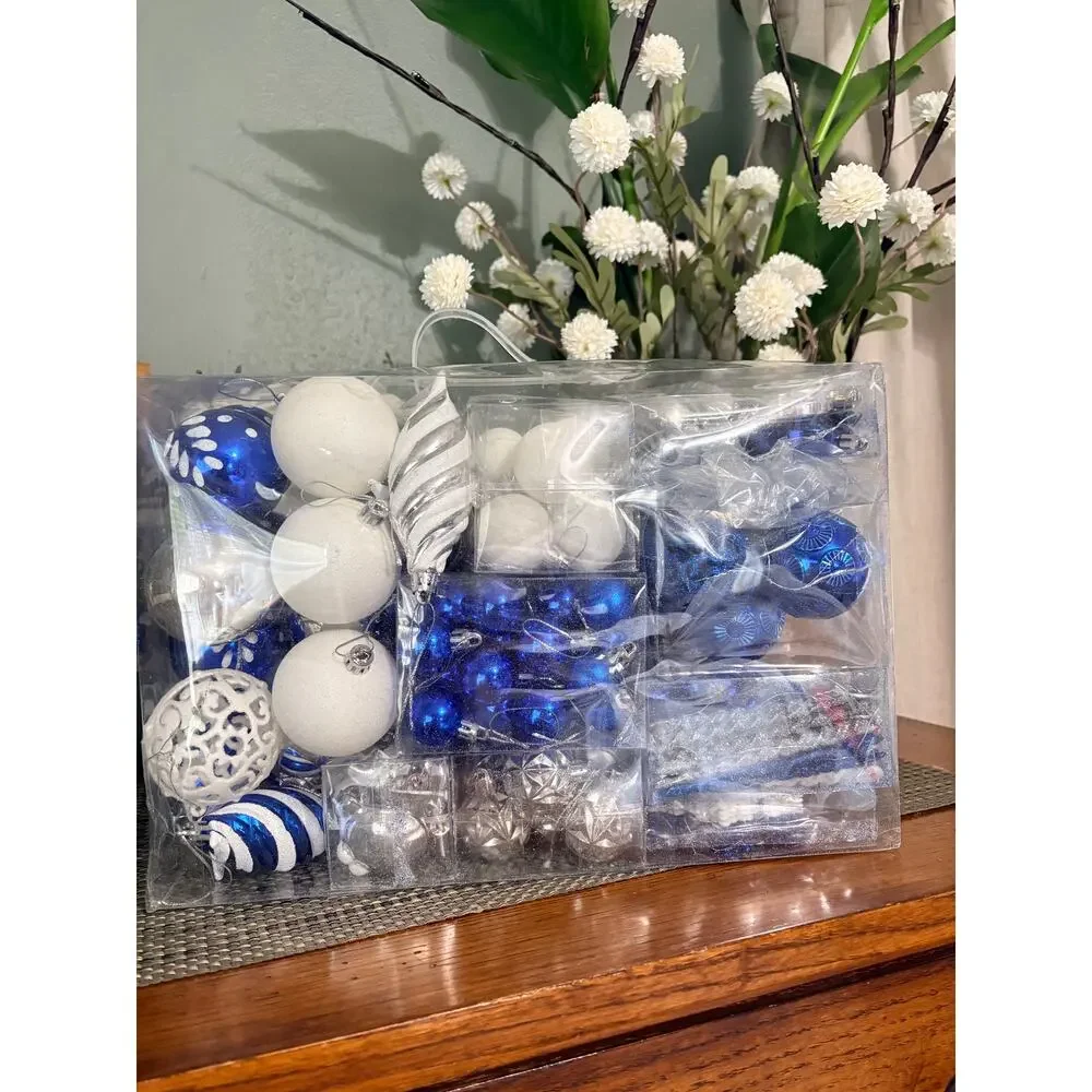 Blue White Silver Shatterproof Christmas Ornaments 130 Pc Set & Star